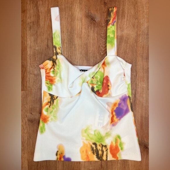 NWT ROTATE Fine Ribbed Abstract Floral Tank Kris Top‎ Twist Detailing Sz 42 / 10 - Picture 4 of 14